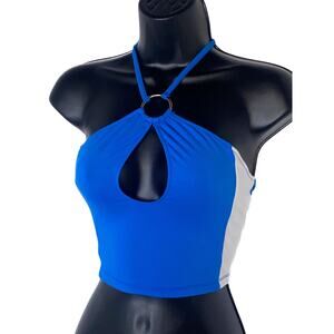 New Medium Blue White O-ring Colorblock Keyhole‎ Neck Halter Crop Top Sleeveless
